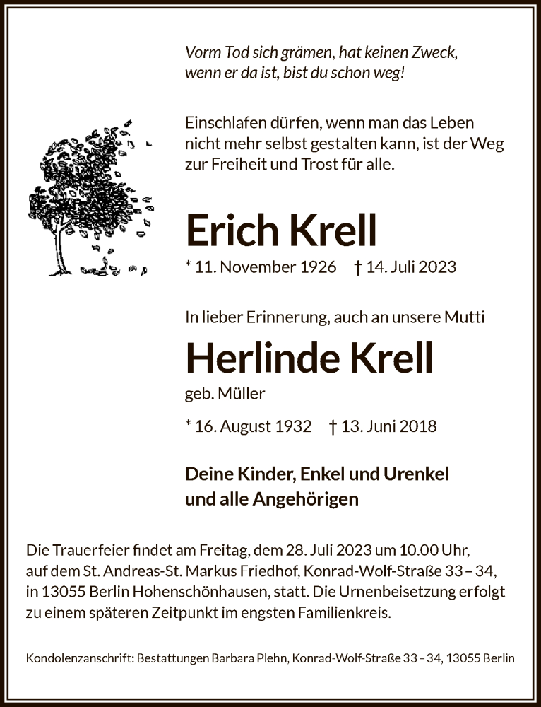  Traueranzeige für Erich und Herline Krell vom 22.07.2023 aus Berliner Zeitung