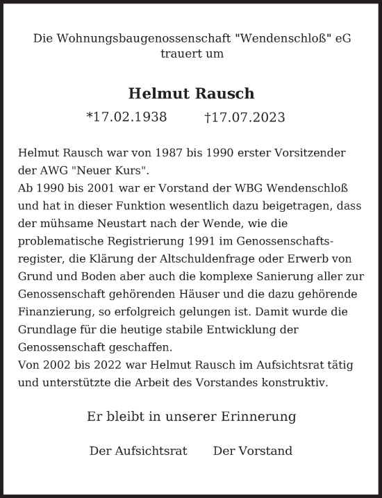 Traueranzeige von Helmut Rausch von Berliner Zeitung