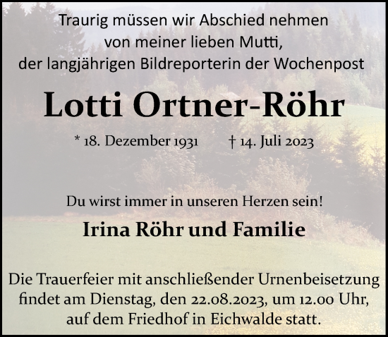 Traueranzeige von Lotti Ortner-Röhr von Berliner Zeitung