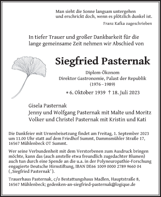 Traueranzeige von Siegfried Pasternak von Berliner Zeitung