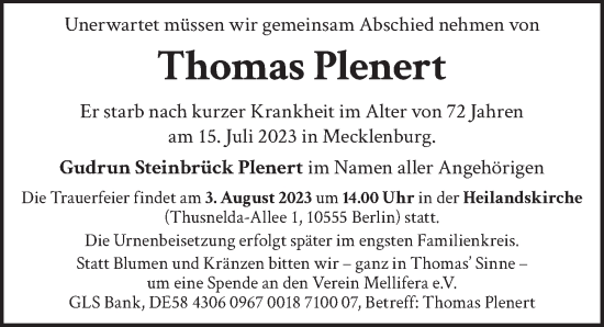 Traueranzeige von Thomas Plenert von Berliner Zeitung