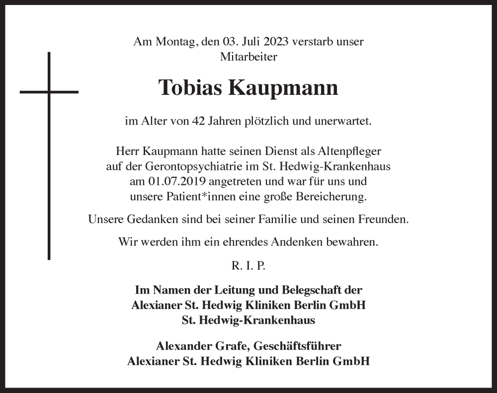  Traueranzeige für Tobias Kaupmann vom 22.07.2023 aus Berliner Zeitung