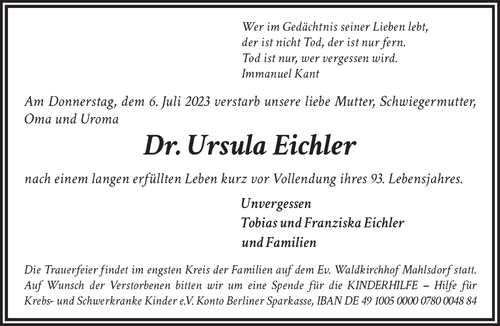  Traueranzeige für Ursula Eichler vom 22.07.2023 aus Berliner Zeitung