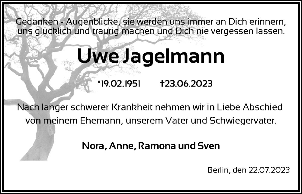  Traueranzeige für Uwe Jagelmann vom 22.07.2023 aus Berliner Zeitung