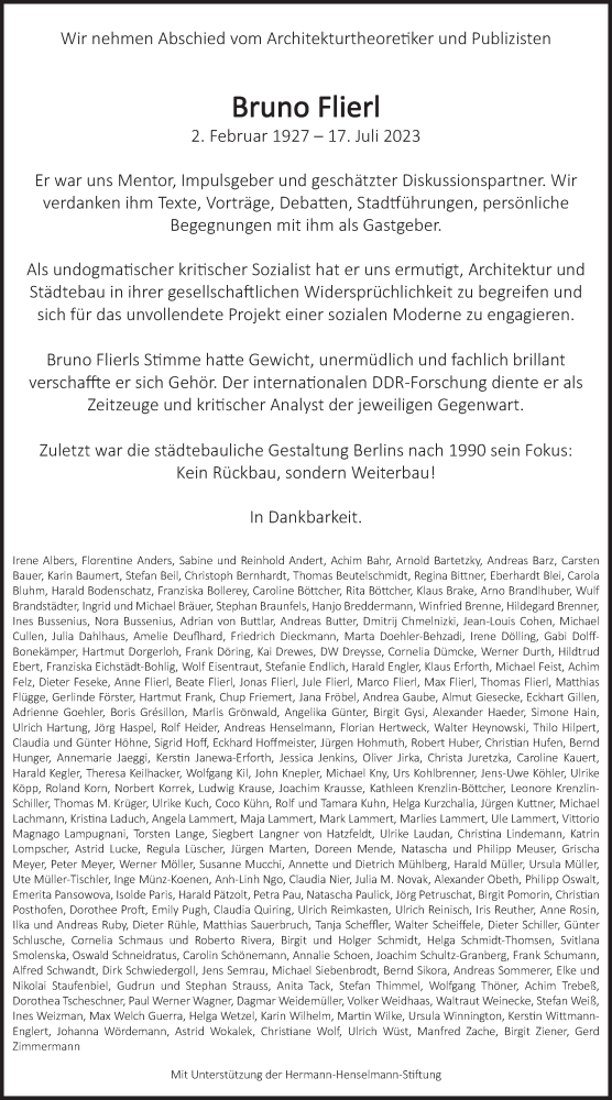  Traueranzeige für Bruno Flierl vom 12.08.2023 aus Berliner Zeitung
