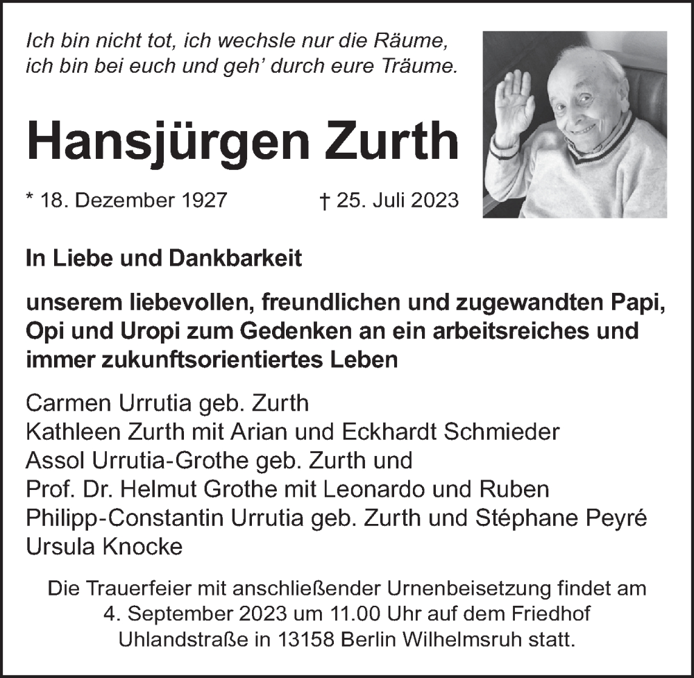  Traueranzeige für Hansjürgen Zurth vom 12.08.2023 aus Berliner Zeitung