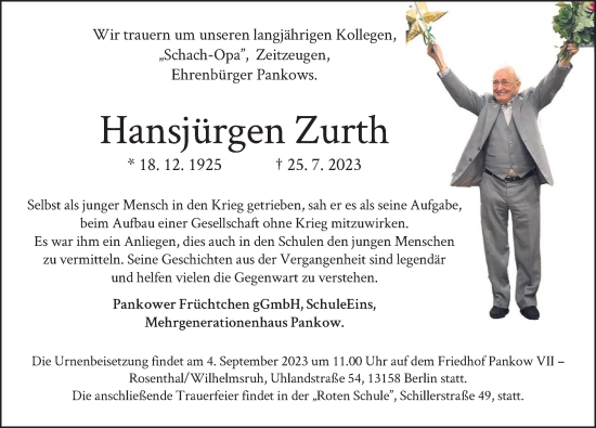 Traueranzeige von Hansjürgen Zurth von Berliner Zeitung