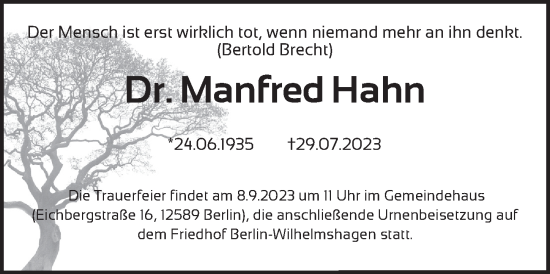 Traueranzeige von Manfred Hahn von Berliner Zeitung