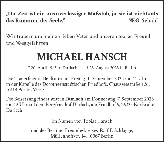 Traueranzeige von Michael Hansch von Berliner Zeitung