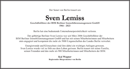 Traueranzeige von Sven Lemiss von Berliner Zeitung