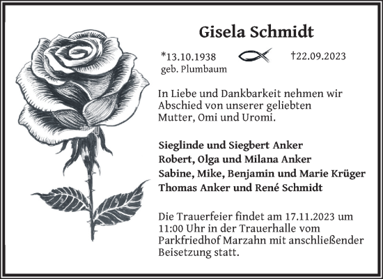 Traueranzeige von Gisela Schmidt von Berliner Zeitung