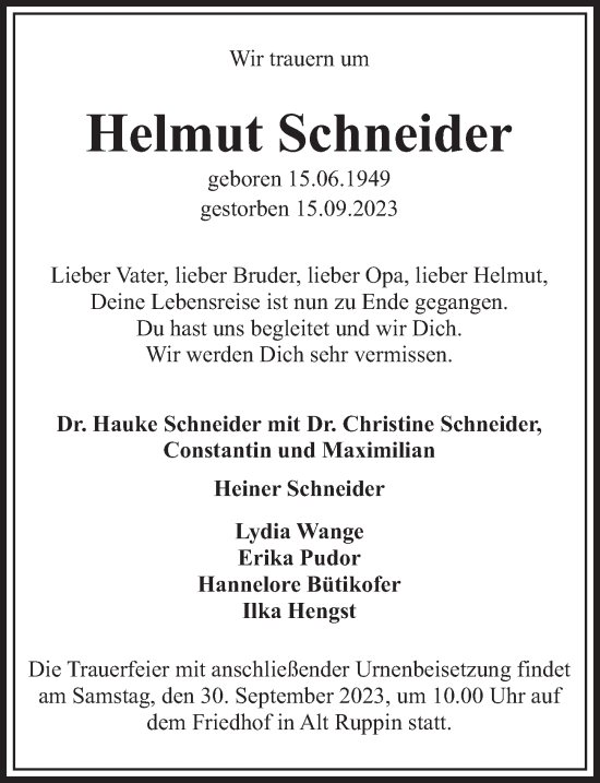 Traueranzeige von Helmut Schneider von Berliner Zeitung