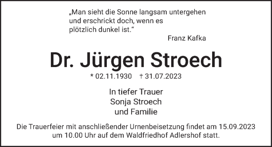 Traueranzeige von Jürgen Stroech von Berliner Zeitung