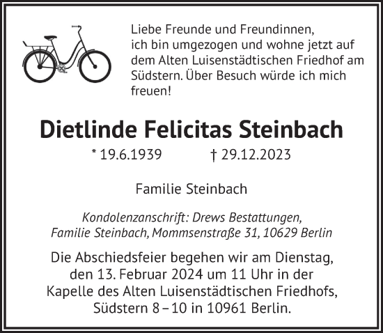 Traueranzeige von Dietlinde Felicitas Steinbach von Berliner Zeitung