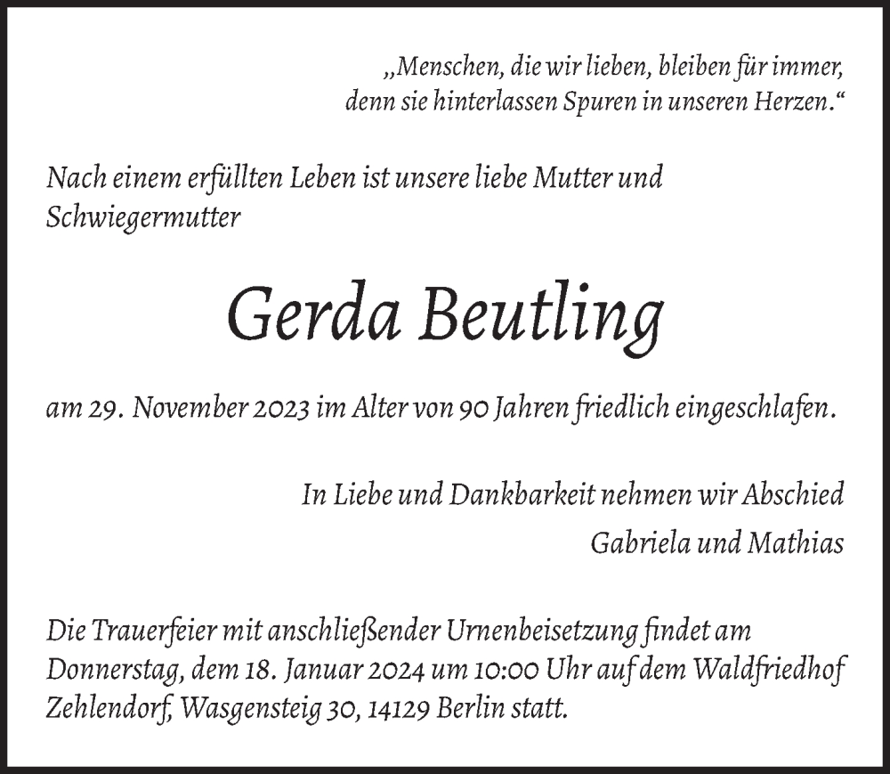  Traueranzeige für Gerda Beutling vom 06.01.2024 aus Berliner Zeitung
