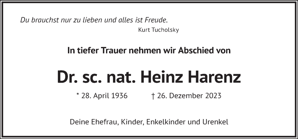  Traueranzeige für Heinz Harenz vom 06.01.2024 aus Berliner Zeitung