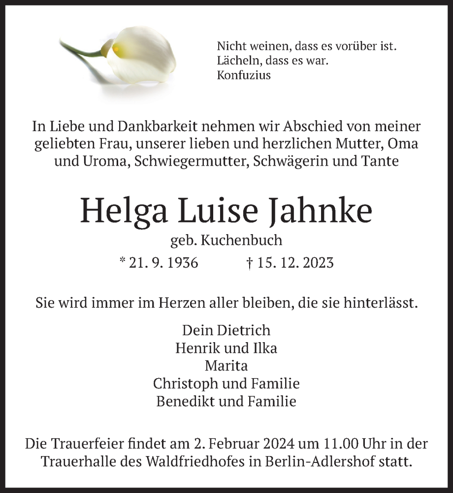 Traueranzeige für Helga Luise Jahnke vom 13.01.2024 aus Berliner Zeitung