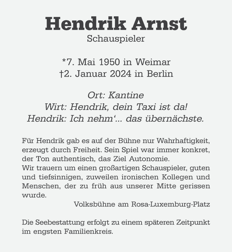  Traueranzeige für Hendrik Arnst vom 13.01.2024 aus Berliner Zeitung
