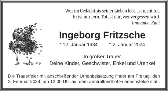 Traueranzeige von Ingeborg Fritzsche von Berliner Zeitung
