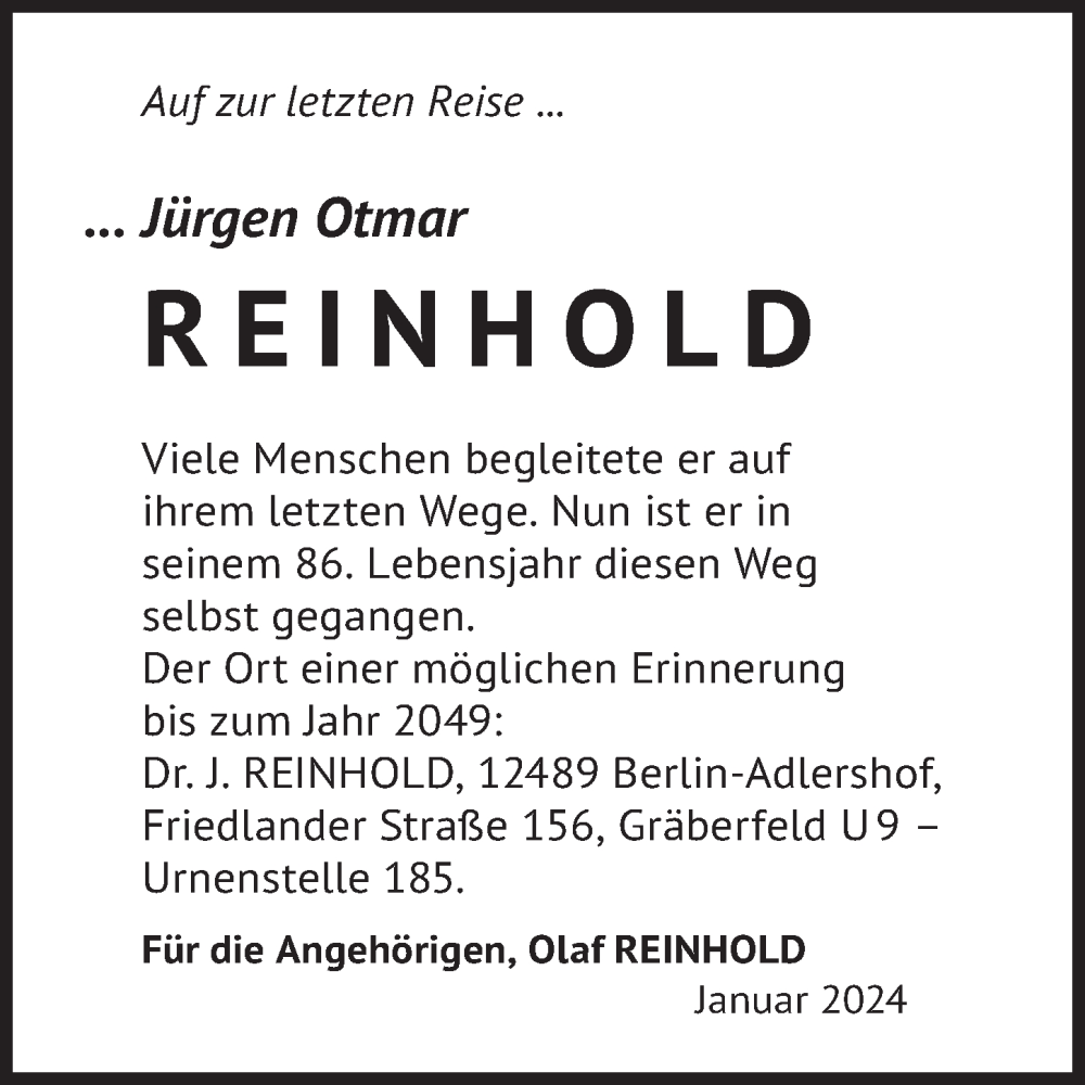  Traueranzeige für Jürgen Otmar Reinhold vom 12.01.2024 aus Berliner Zeitung