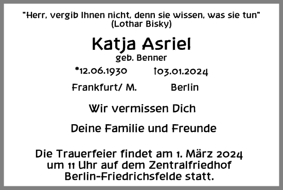 Traueranzeige von Katja Asriel von Berliner Zeitung