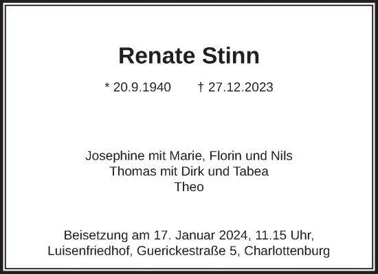 Traueranzeige von Renate Stinn von Berliner Zeitung