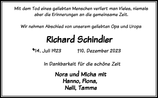 Traueranzeige von Richard Schindler von Berliner Zeitung