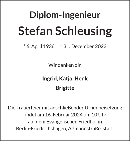 Traueranzeige von Stefan Schleusing von Berliner Zeitung