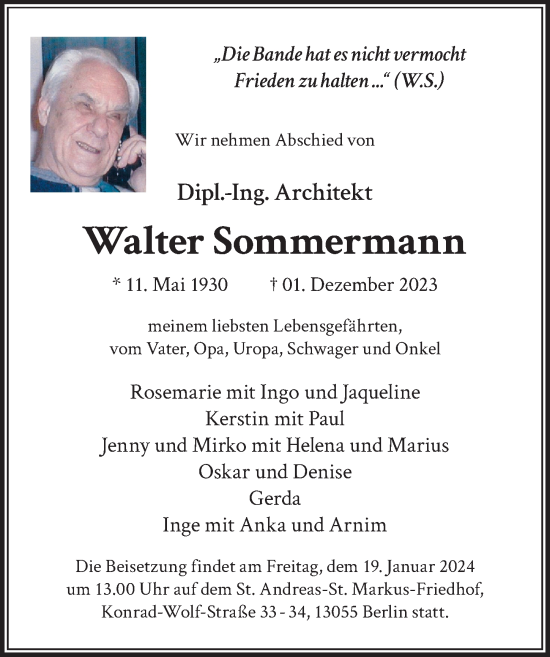 Traueranzeige von Walter Sommermann von Berliner Zeitung
