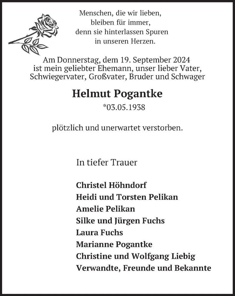  Traueranzeige für Helmut Pogantke vom 05.10.2024 aus Berliner Zeitung