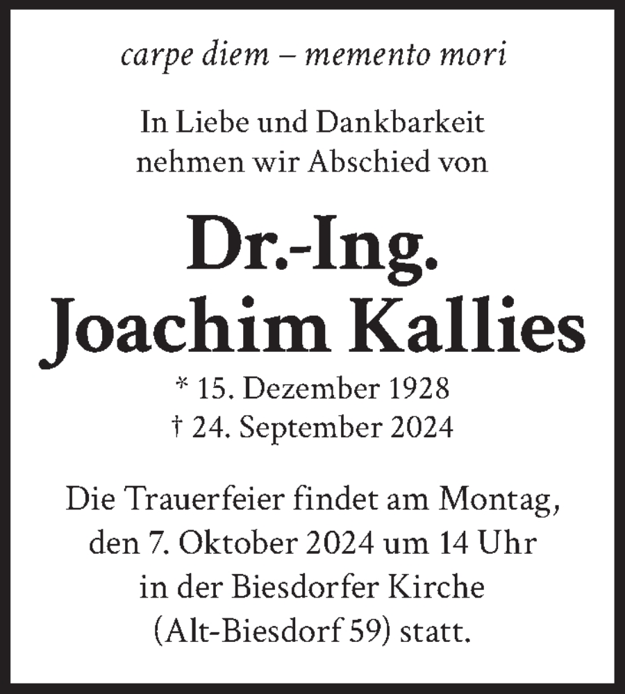  Traueranzeige für Joachim Kallies vom 05.10.2024 aus Berliner Zeitung