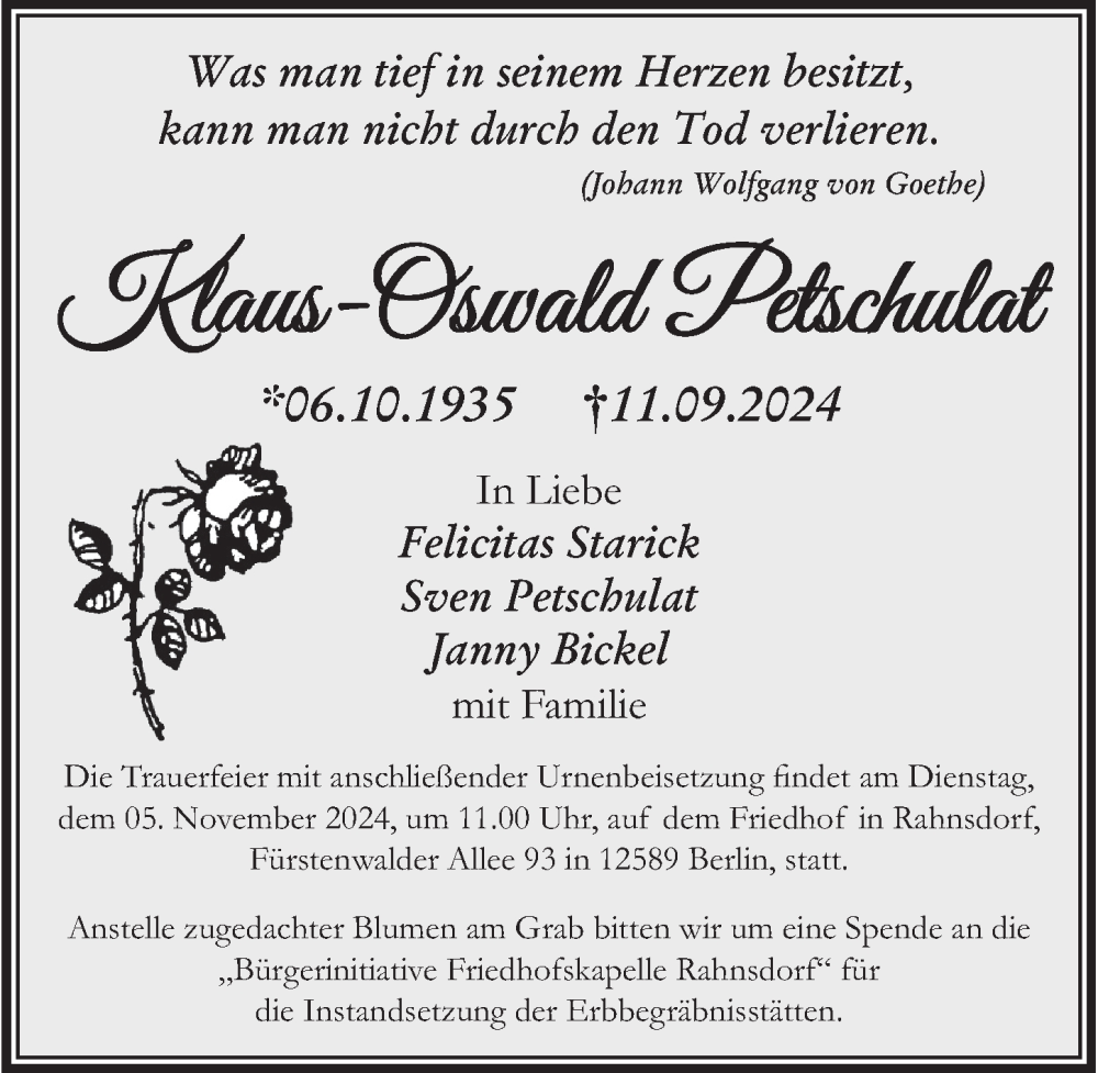  Traueranzeige für Klaus-Oswald Petschulat vom 12.10.2024 aus Berliner Zeitung
