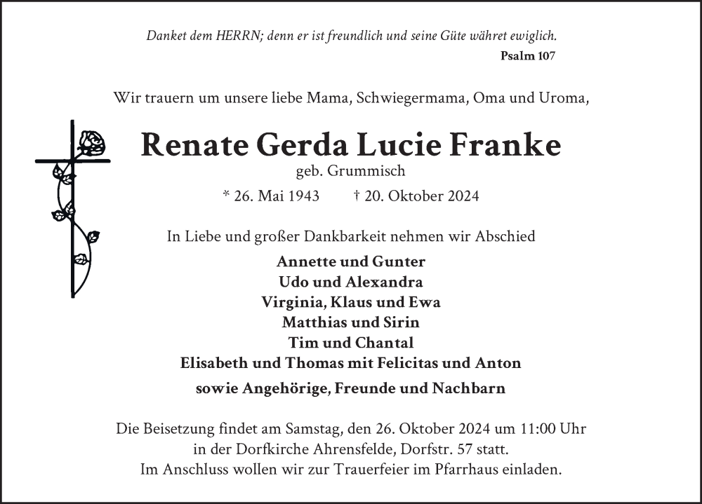  Traueranzeige für Renate Gerda Lucie Franke vom 23.10.2024 aus Berliner Zeitung