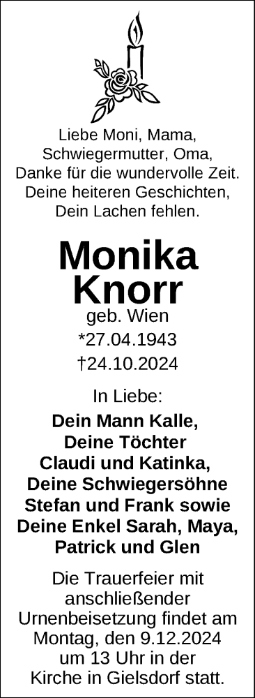  Traueranzeige für Monika Knorr vom 30.11.2024 aus Berliner Zeitung