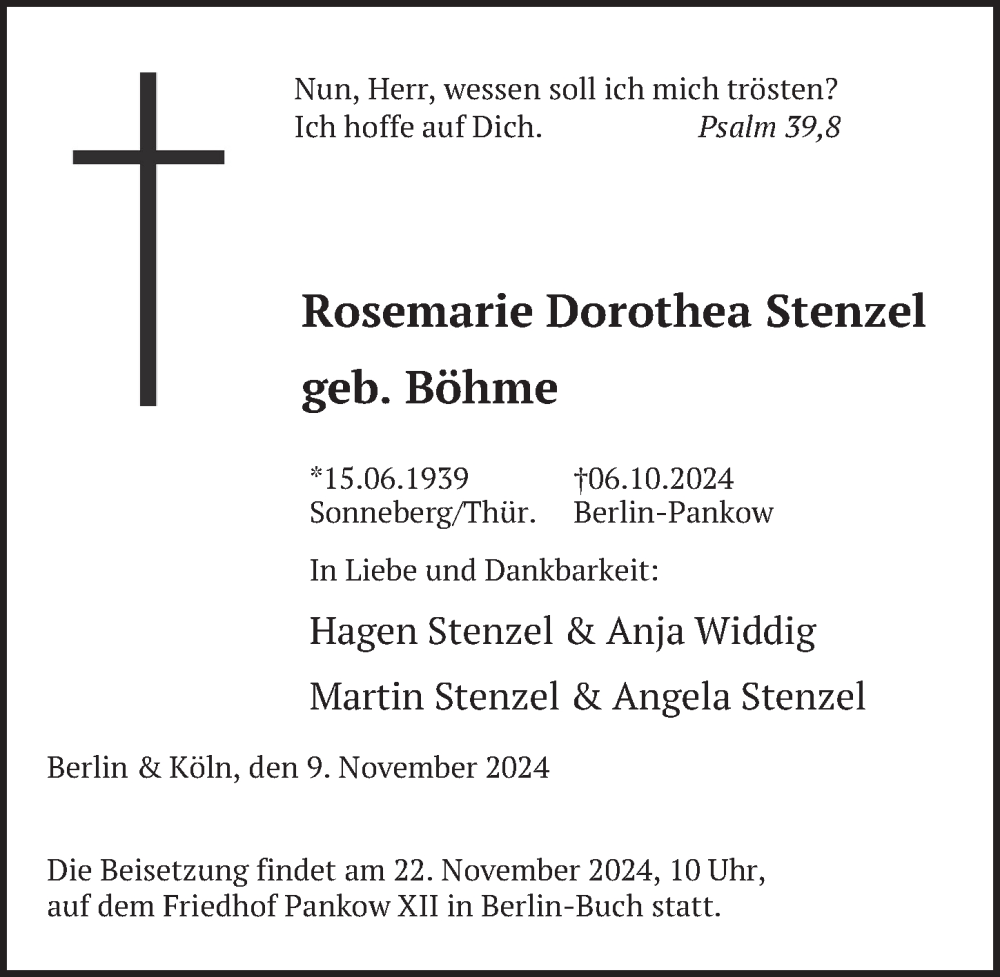  Traueranzeige für Rosemarie Dorothea Stenzel vom 09.11.2024 aus Berliner Zeitung