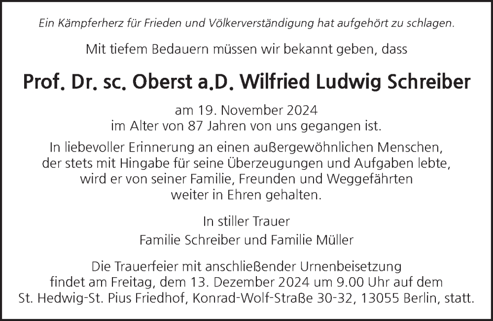  Traueranzeige für Wilfried Ludwig Schreiber vom 23.11.2024 aus Berliner Zeitung