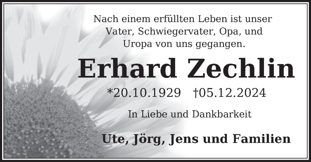  Traueranzeige für Erhard Zechlin vom 21.12.2024 aus Berliner Zeitung