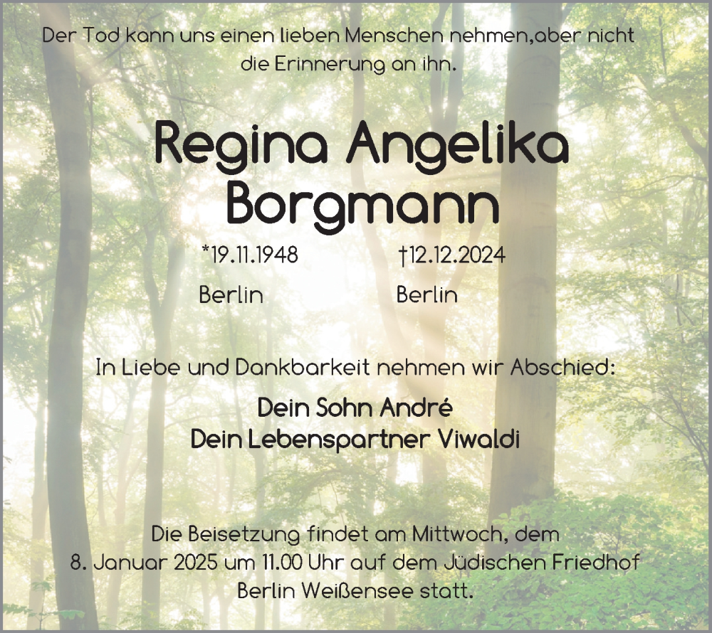  Traueranzeige für Regina Angelika Borgmann vom 04.01.2025 aus Berliner Zeitung