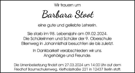 Traueranzeige von Barbara Stoot von Berliner Zeitung