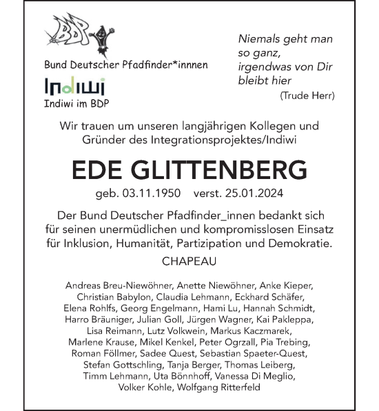 Traueranzeige von Ede Glittenberg von Berliner Zeitung