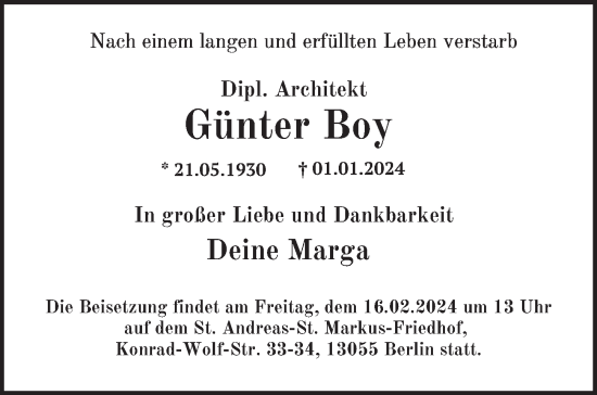 Traueranzeige von Günter Boy von Berliner Zeitung
