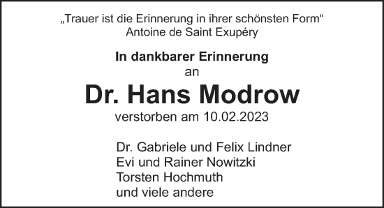 Traueranzeige von Hans Modrow von Berliner Zeitung
