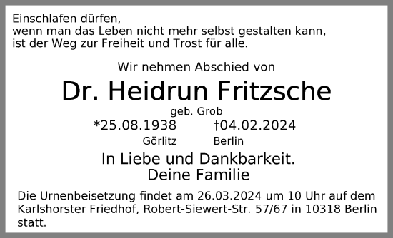 Traueranzeige von Heidrun Fritzsche von Berliner Zeitung