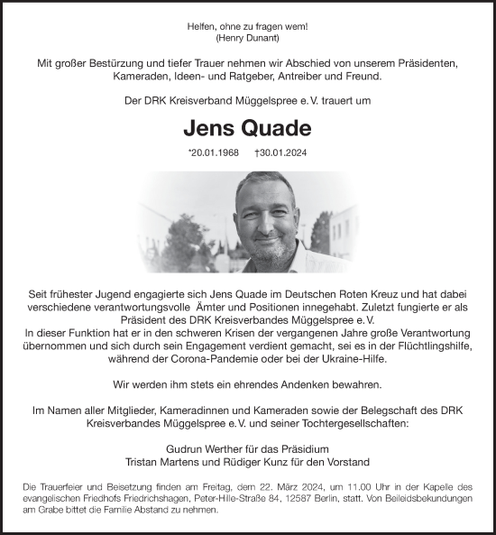 Traueranzeige von Jens Quade von Berliner Zeitung