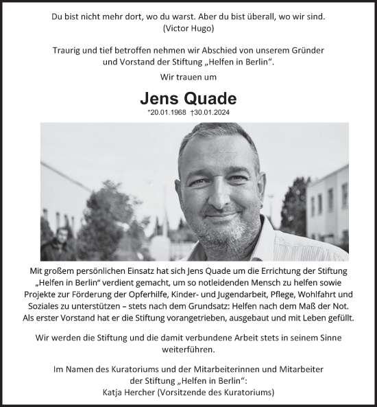 Traueranzeige von Jens Quade von Berliner Zeitung