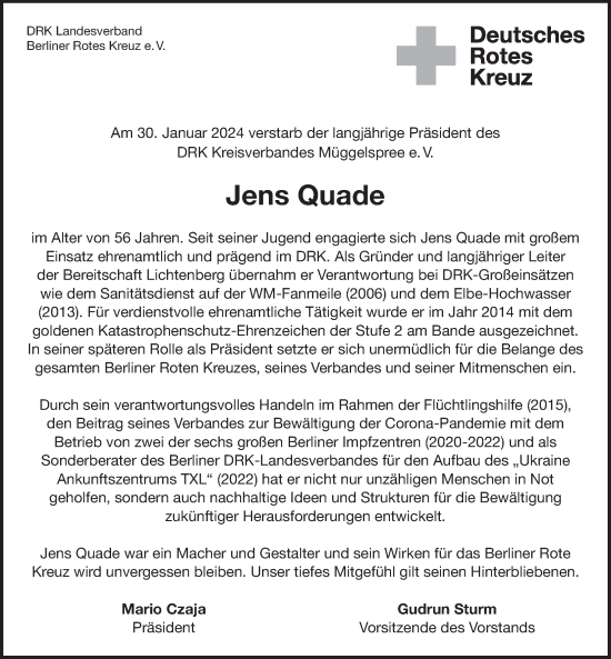 Traueranzeige von Jens Quade von Berliner Zeitung