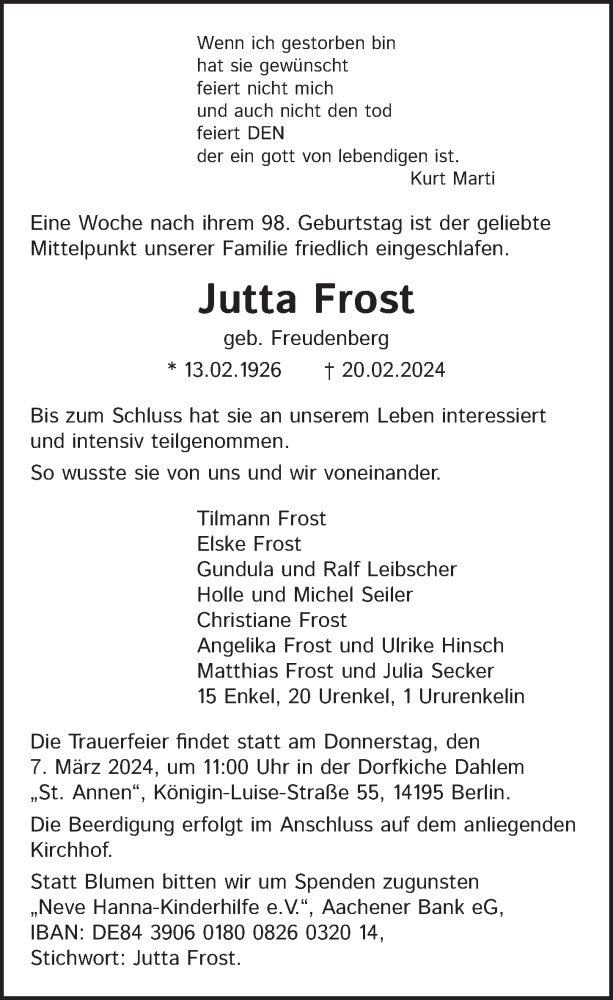  Traueranzeige für Jutta Frost vom 24.02.2024 aus Berliner Zeitung