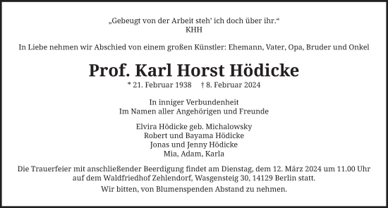 Traueranzeige von Karl Horst Hödicke von Berliner Zeitung