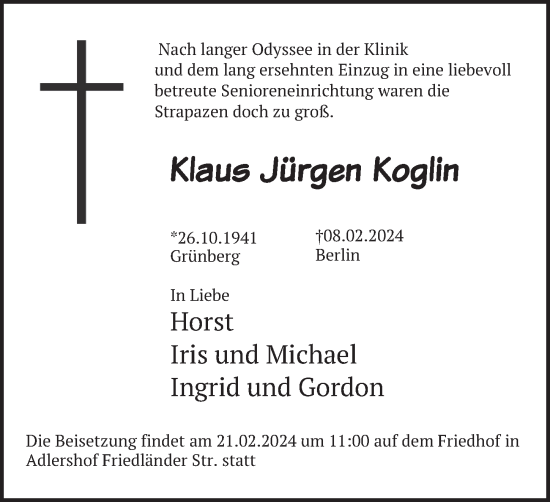 Traueranzeige von Klaus Jürgen Koglin von Berliner Zeitung