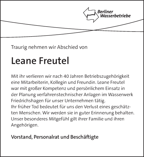 Traueranzeige von Leane Freutel von Berliner Zeitung